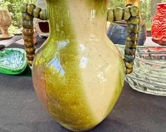 MidCentury Applied Handle Mottled Glaze Ceramic Vase