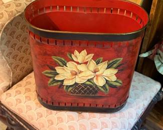 Vintage HandPainted Toleware Wastebasket with Magnolias