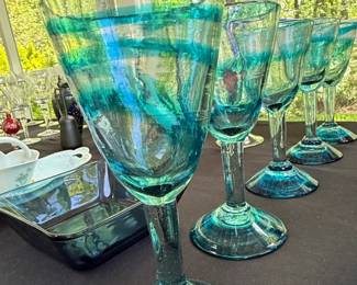 Set of Six HandBlown Recycled Glass Wine Glasses in Turquoise and Blue Swirl
