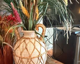 Ceramic Amphora Vase with Rattan Weave and Faux Botanicals