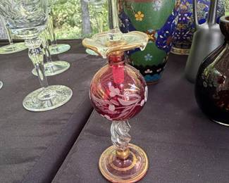 Victorian Ruby Red Glass Perfume Bottle with Gilded Accents and Twisted Stem