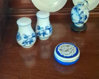 Blue Willow Pattern Salt and Pepper Shakers, Small Vase, and Trinket Box