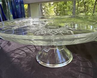 Vintage Clear Pressed Glass Six Point Star Pedestal Cake Stand and Vintage Iridescent Glass Pedestal Cake Stand
