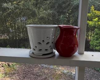 White Ceramic Orchid Pot with Saucer and Red Ceramic Pitcher