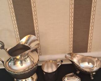 Silverplated Gravy Boat, Creamer, and Lighter Set