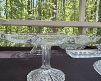 Vintage Pressed Glass Cake Stand with Embossed Floral and Beaded Pattern