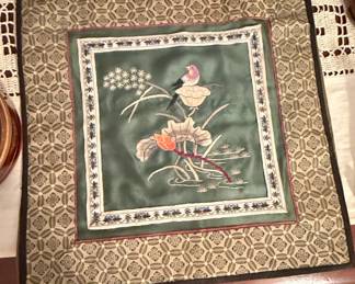 Framed Chinese Silk Embroidery Panel with Bird and Lotus