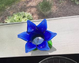 Cobalt Blue Blown Glass Tulip Candle Holder with Green Leaves second image