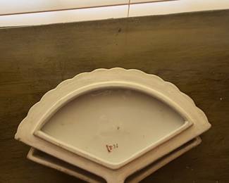 Vintage FanShaped Ceramic Trinket Box with Lotus Floral Motif and Red Mark third image