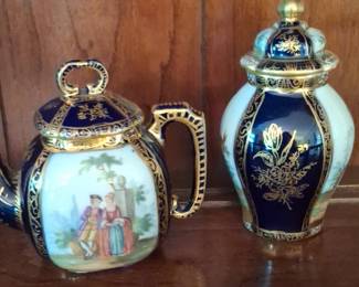 Porcelain Teapot and Lidded Jar with Romantic Scene and Gilt Decoration, possibly Limoges or Svres style