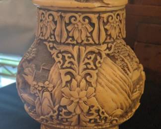 Vintage Ivory Dynasty Carved Resin Lidded Vase with Figural and Landscape Scenes second image