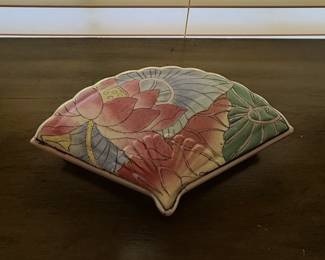 Vintage FanShaped Ceramic Trinket Box with Lotus Floral Motif and Red Mark