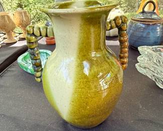 MidCentury Applied Handle Mottled Glaze Ceramic Vase second image