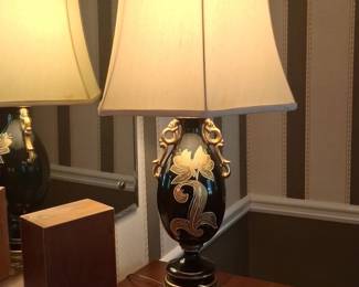 Vintage Black Ceramic Lamp with Gilded Floral Motif