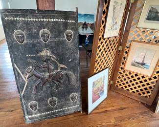 African carved wood door to hut, and assorted prints (famous artists)