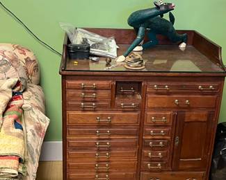 Antique Apothecary / Dental Chest + Oaxacan Sculpture + Antique Quilt