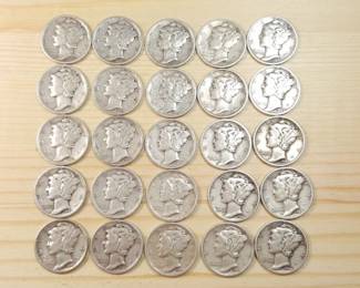 Twenty-Five Silver Mercury Dimes 1942-1944	