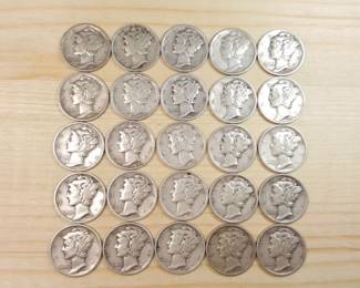 Twenty-Five Silver Mercury Dimes 1941-1945