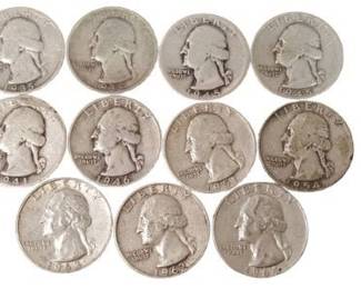 Eleven Silver US Washington Quarters 1935-1964