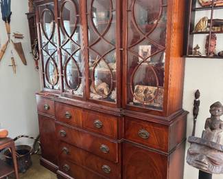 #19 - $900 - American flame mahogany 1920's George style breakfront, original bubble glass 5'5Lx17Dx7' or 2 " less