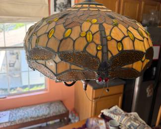 #52 - $190 - Dragonfly stain glass chandelier 18x49"T to the top chain brown tones 