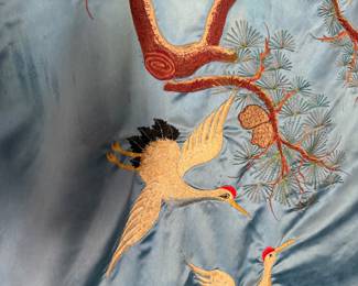 #55 - $200 - Silk Asian textile blue with birds 55x66
