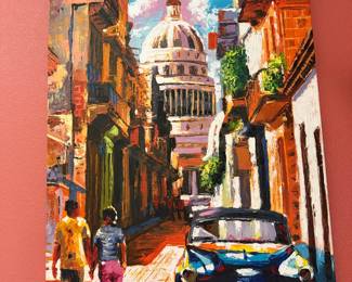 #65 - $150 for both - Cuba unsigned oil painting 21x31 & banner