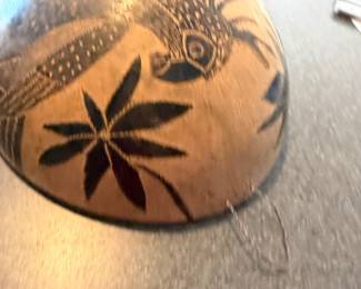 #54 - $40 - Coconut carved with birds - vintage 9x9