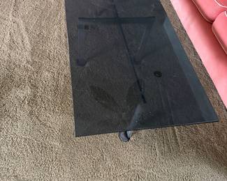 #34 - $150 set - 1970's smokey glass top side table 24x24x22& coffee table on chrome legs 55Lx24x15T