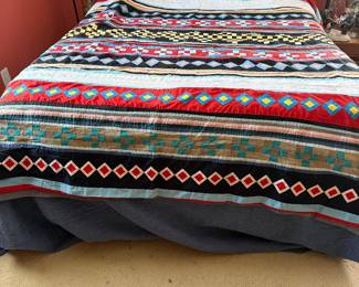 #73 - $120 - Vintage handmade quilt 1980's geometrical multi color can fit a full/queen size bed 