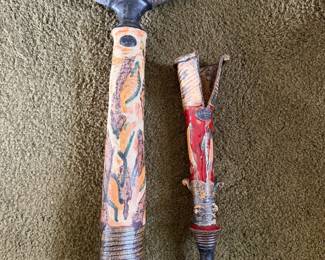 #110 - $90 - Set of 2 pottery candlesticks signed different size multicolored 5x25 & 4x15