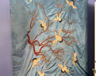 #55 - $200 - Silk Asian textile blue with birds 55x66