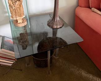 #34 - $150 set - 1970's smokey glass top side table 24x24x22& coffee table on chrome legs 55Lx24x15T