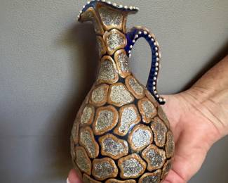 #106 - $34 - Vintage Italian blue cobalt glass pitcher painted with silver application - hand blown 6x3