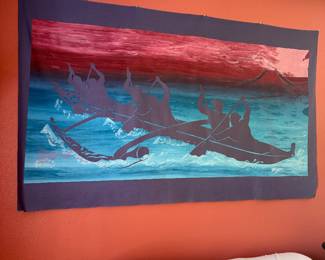 #66 - $50 - Hawaii textile cotton canoe riders 71x33-vintage