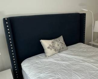 Dark Blue Upholstered Wingback Platform Bed with Mattress third image
