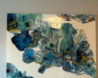 Abstract Pour Painting with Embedded Glass Orbs