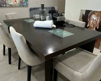 Modern Dark Wood Dining Table with Corduroy Upholstered Chairs