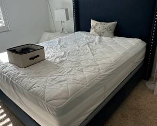 Dark Blue Upholstered Wingback Platform Bed with Mattress