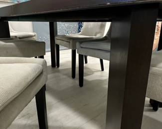 Modern Dark Wood Dining Table with Corduroy Upholstered Chairs third image