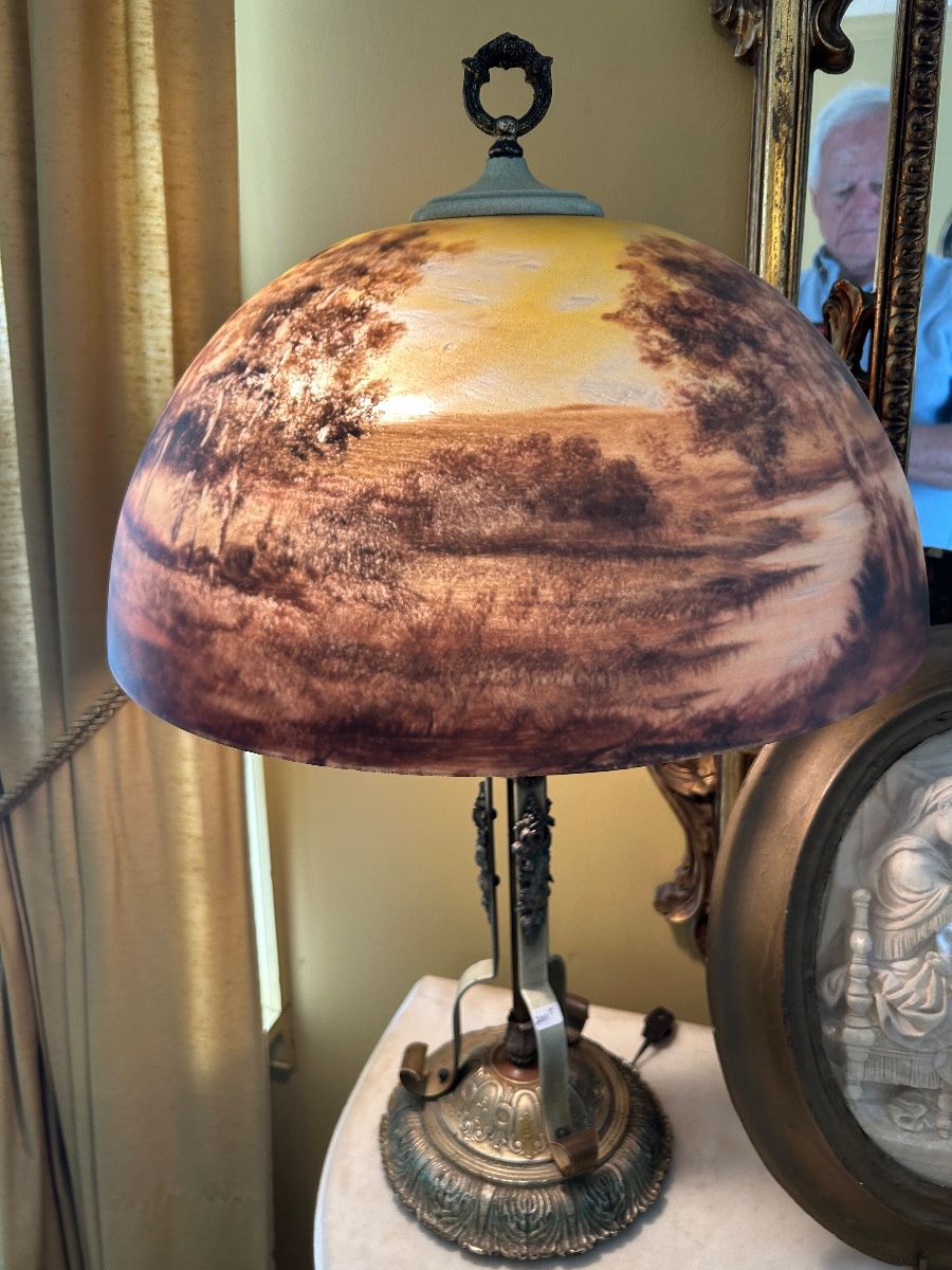 Antique reverse painted scenic table lamp $2000