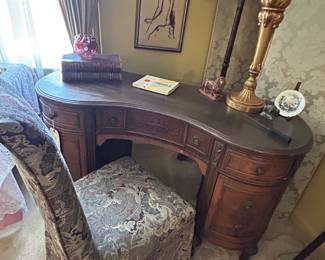 Antique Kidney shaped desk, Victorian mahogany with veneer and brass hardware $1600
