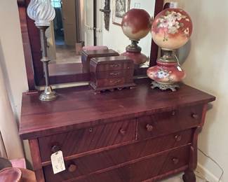 Antique Empire mahogany dressing chest & mirror $800