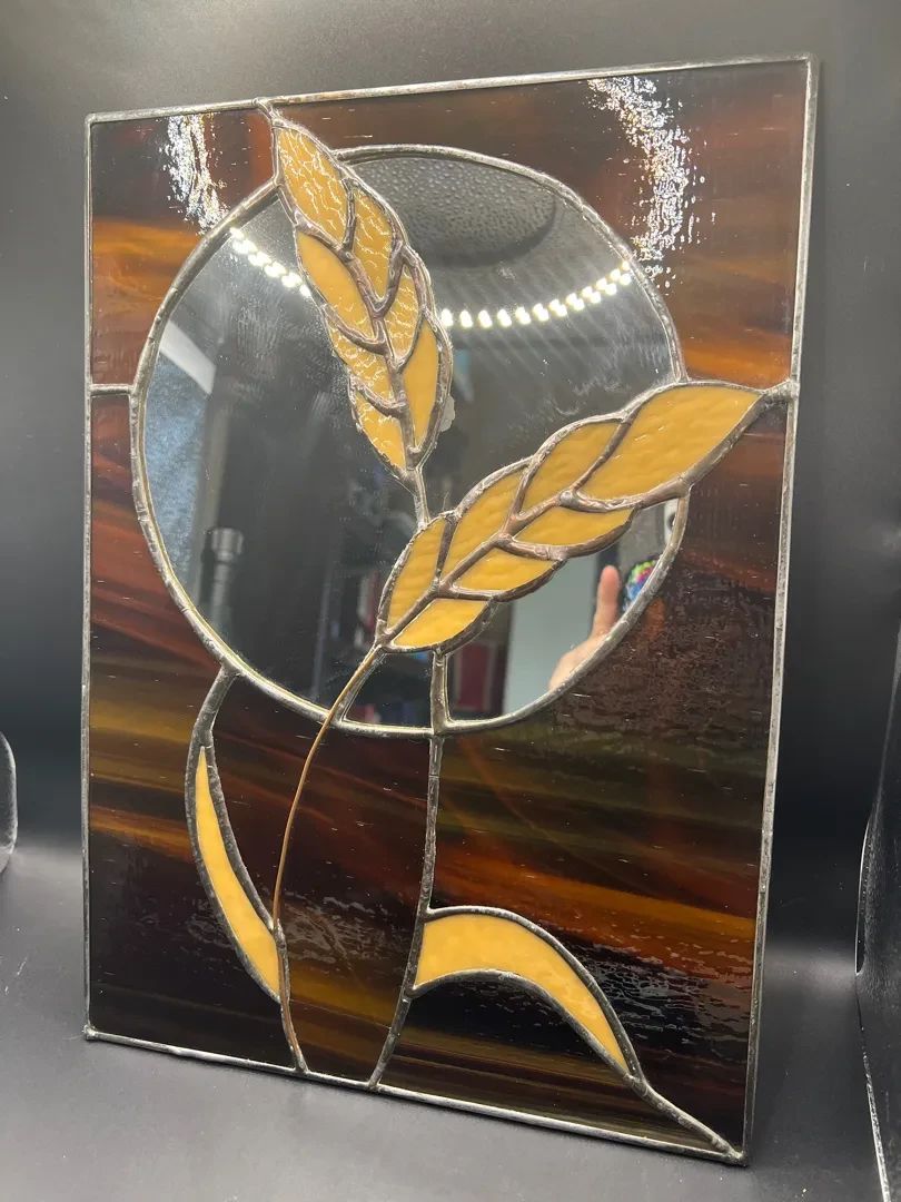 Vintage Stained Glass Mirror — Harvest Moon & Wheat