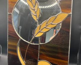 Vintage Stained Glass Mirror — Harvest Moon & Wheat