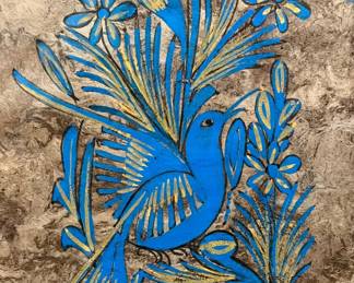 Vintage Mexican Folk Art Painting on Amate Bark Paper — Blue Stylized Bird
