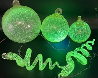 (5) Vaseline Glass Ornaments — Glows Green in Ultraviolet Light!
