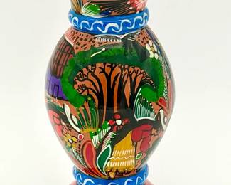 Talavera-style Mexican folk art terracotta vase