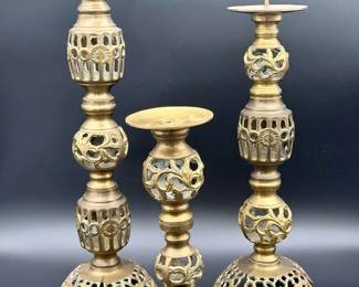 (3) Antique Brass Filigree Candlestick Holders