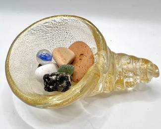 Murano Art Glass Conch Seashell Trinket Dish with Gold Flakes